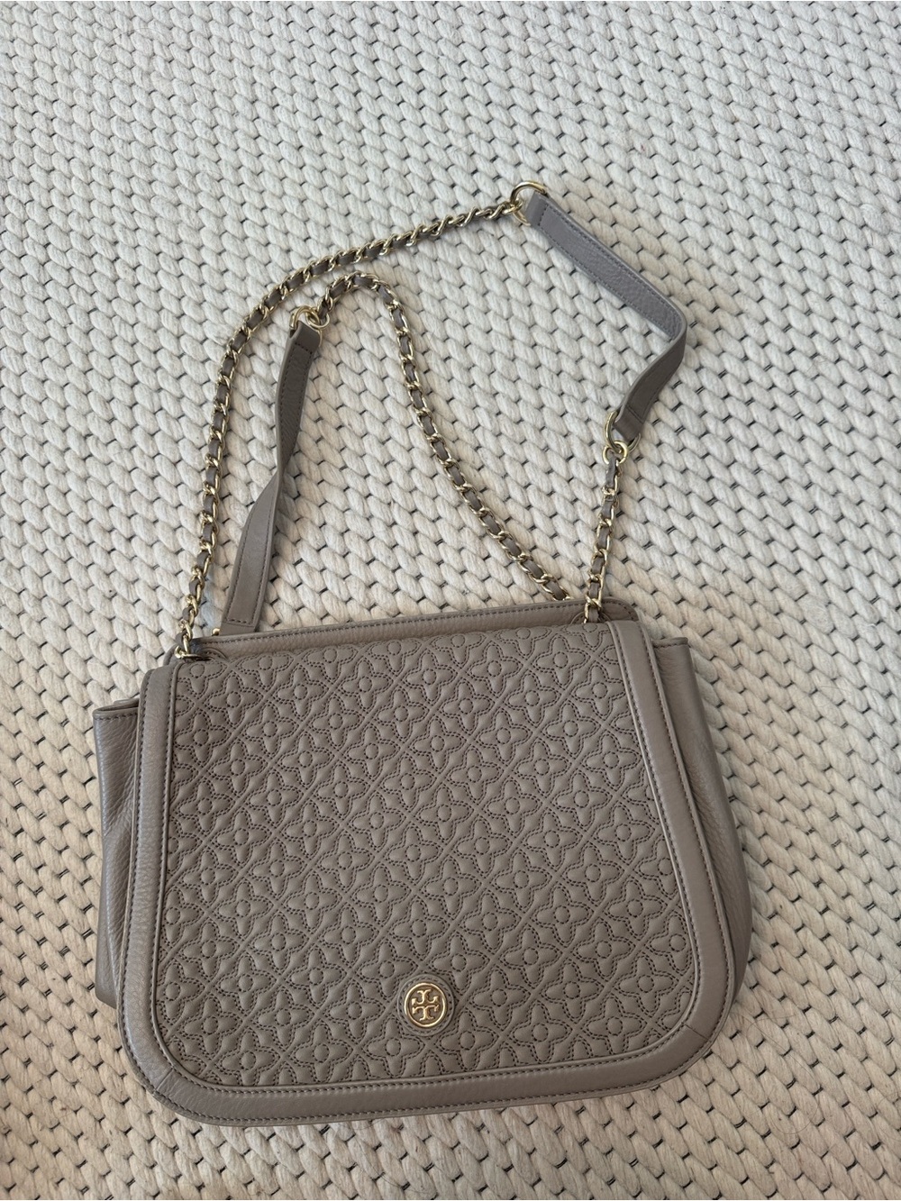 Tory Burch Quilted Taupe Leather Chain Shoulder Bag